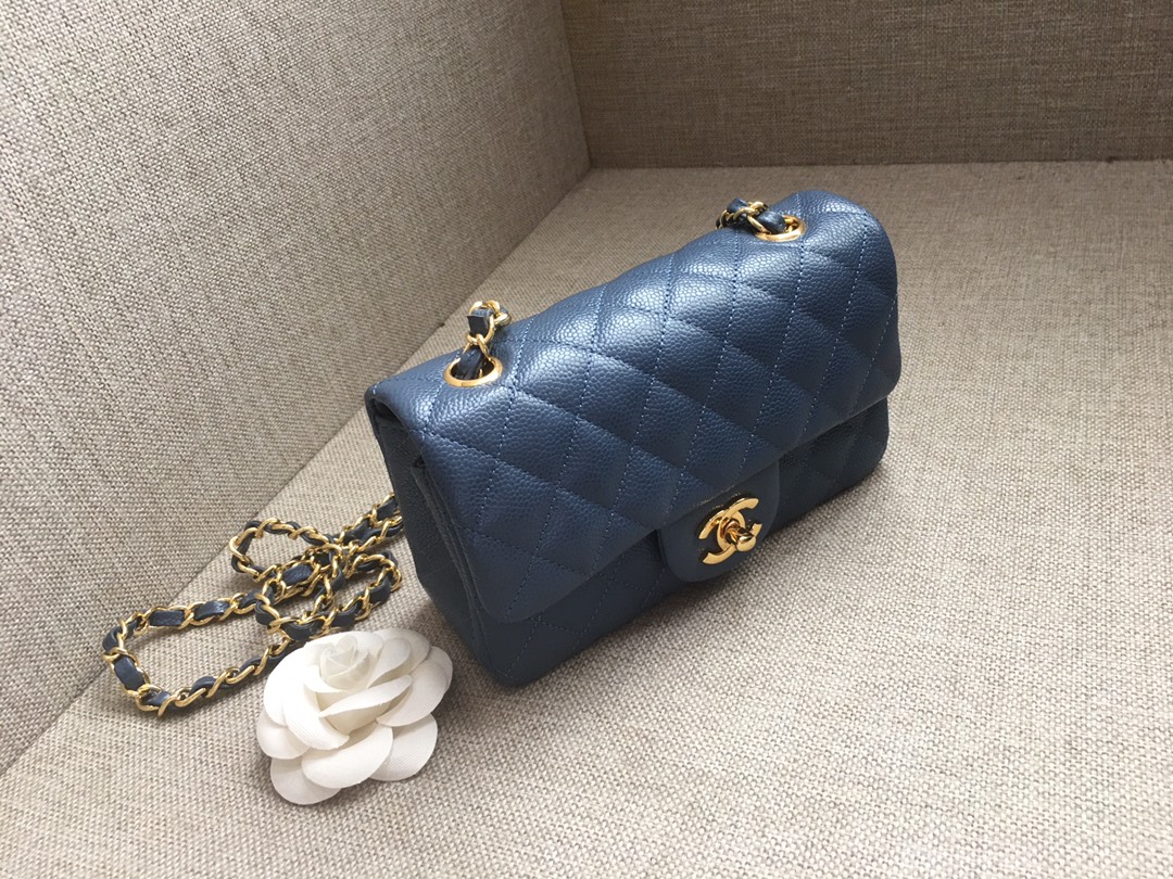 Small Classic Flap Caviar Bag A01116 Dark Blue/Gold